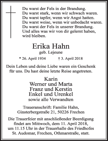 Anzeige von Erika Hahn von  Sonntags-Post 