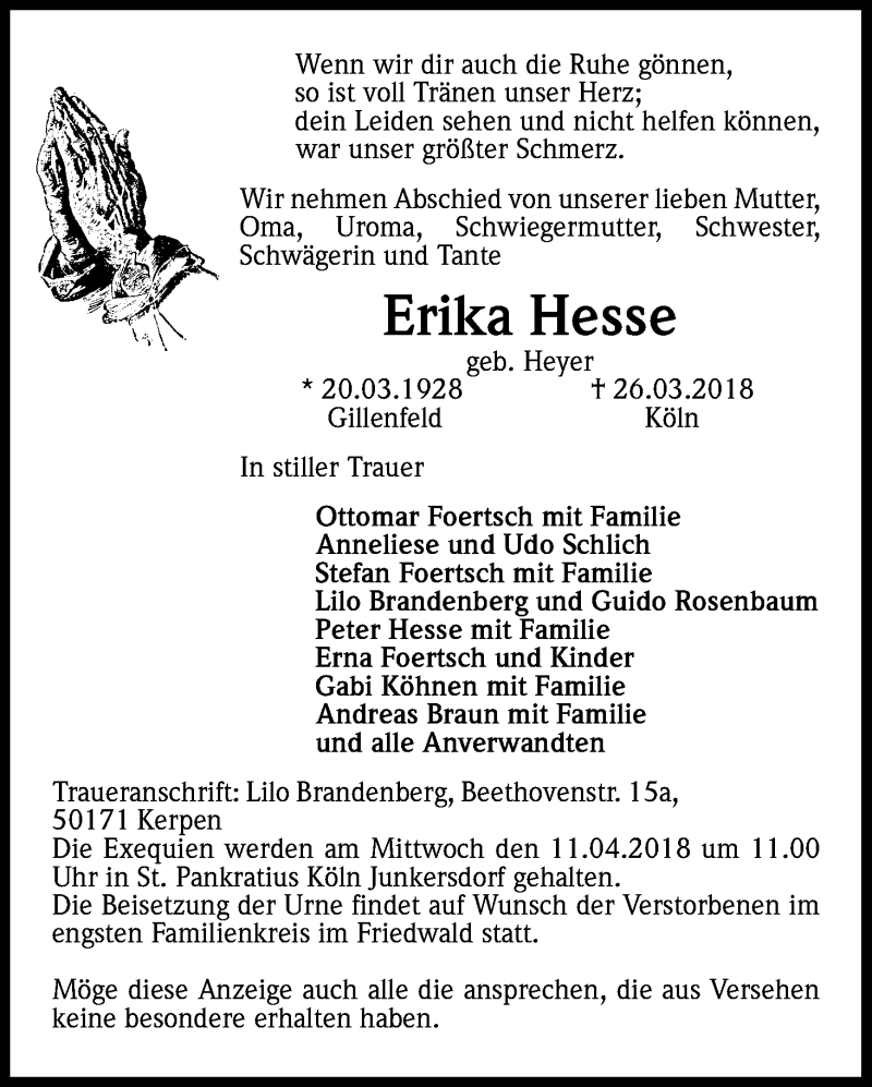  Traueranzeige für Erika Hesse vom 04.04.2018 aus Kölner Stadt-Anzeiger / Kölnische Rundschau / Express