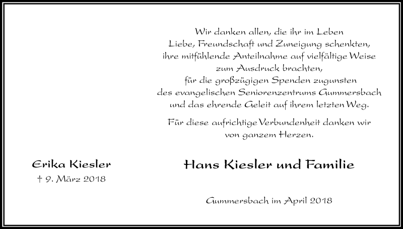  Traueranzeige für Erika Kiesler vom 18.04.2018 aus Kölner Stadt-Anzeiger / Kölnische Rundschau / Express