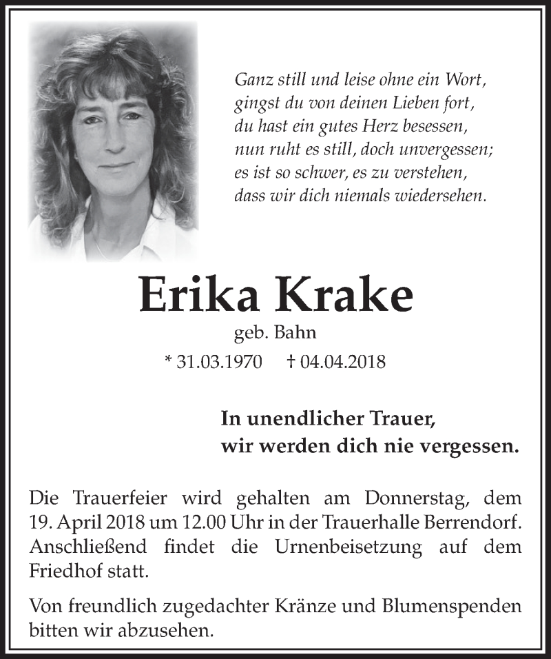  Traueranzeige für Erika Krake vom 14.04.2018 aus  Sonntags-Post 