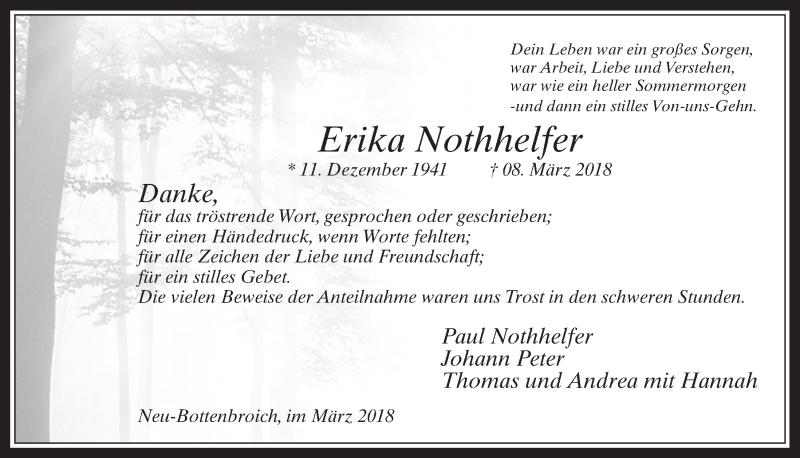  Traueranzeige für Erika Nothhelfer vom 04.04.2018 aus  Werbepost 