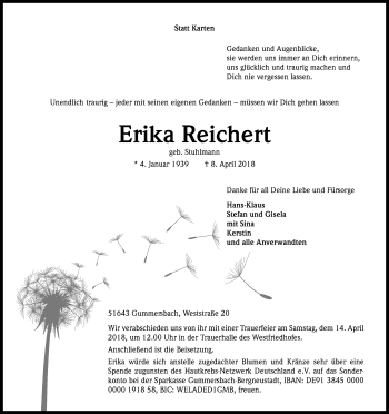 Anzeige von Erika Reichert von Kölner Stadt-Anzeiger / Kölnische Rundschau / Express