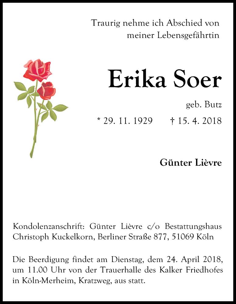  Traueranzeige für Erika Soer vom 19.04.2018 aus Kölner Stadt-Anzeiger / Kölnische Rundschau / Express