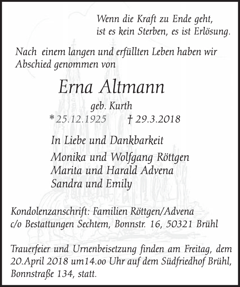  Traueranzeige für Erna Altmann vom 11.04.2018 aus  Schlossbote/Werbekurier 