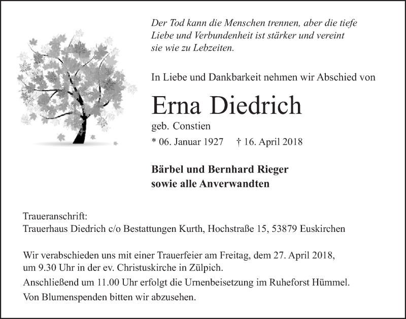  Traueranzeige für Erna Diedrich vom 21.04.2018 aus  Blickpunkt Euskirchen 