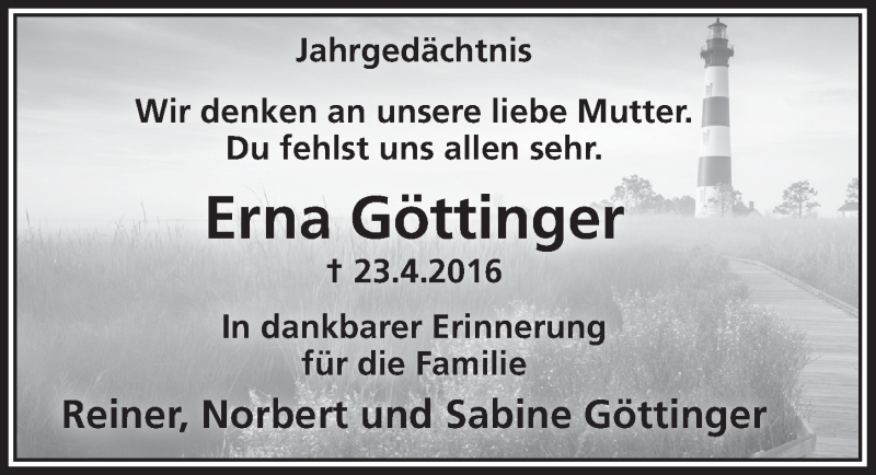  Traueranzeige für Erna Göttinger vom 18.04.2018 aus  Kölner Wochenspiegel 