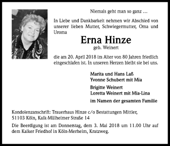 Anzeige von Erna Hinze von Kölner Stadt-Anzeiger / Kölnische Rundschau / Express