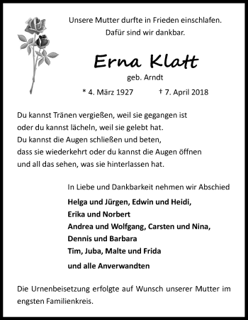 Anzeige von Erna Klaft von Kölner Stadt-Anzeiger / Kölnische Rundschau / Express