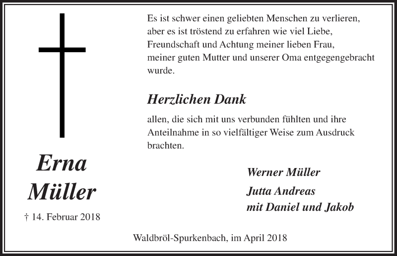  Traueranzeige für Erna Müller vom 04.04.2018 aus  Lokalanzeiger 