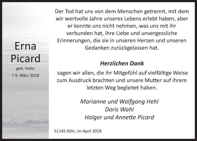  Traueranzeige für Erna Picard vom 11.04.2018 aus  Kölner Wochenspiegel 