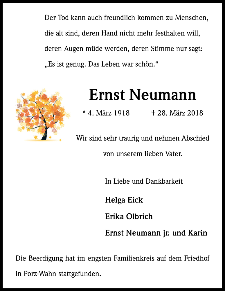  Traueranzeige für Ernst Neumann vom 07.04.2018 aus Kölner Stadt-Anzeiger / Kölnische Rundschau / Express