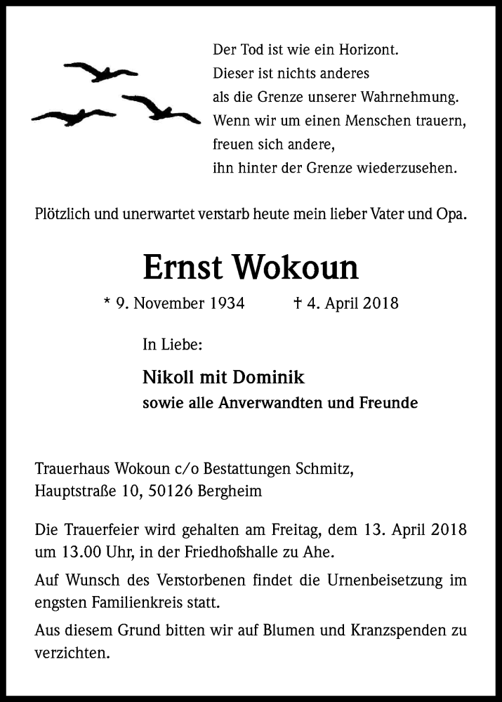  Traueranzeige für Ernst Wokoun vom 10.04.2018 aus Kölner Stadt-Anzeiger / Kölnische Rundschau / Express