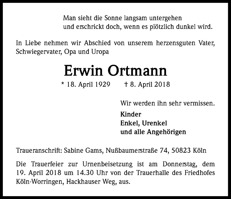  Traueranzeige für Erwin Ortmann vom 14.04.2018 aus Kölner Stadt-Anzeiger / Kölnische Rundschau / Express