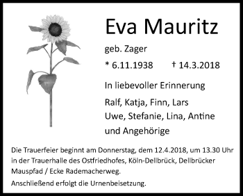 Anzeige von Eva Mauritz von Kölner Stadt-Anzeiger / Kölnische Rundschau / Express