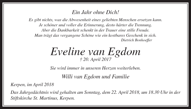  Traueranzeige für Eveline  van Egdom vom 18.04.2018 aus  Werbepost 
