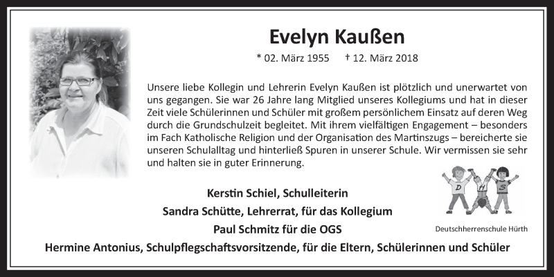  Traueranzeige für Evelyn Kaußen vom 11.04.2018 aus  Wochenende 