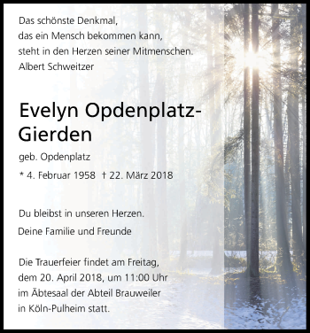 Anzeige von Evelyn Opdenplatz-Gierden von Kölner Stadt-Anzeiger / Kölnische Rundschau / Express