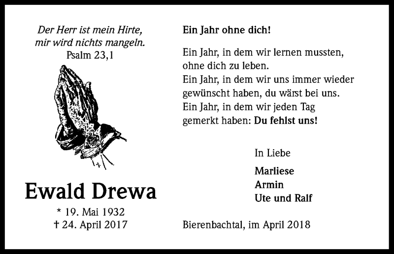  Traueranzeige für Ewald Drewa vom 24.04.2018 aus Kölner Stadt-Anzeiger / Kölnische Rundschau / Express