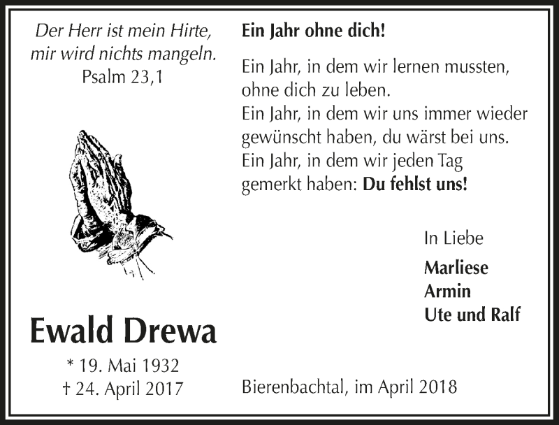  Traueranzeige für Ewald Drewa vom 25.04.2018 aus  Lokalanzeiger 