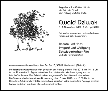 Anzeige von Ewald Dziwak von Kölner Stadt-Anzeiger / Kölnische Rundschau / Express