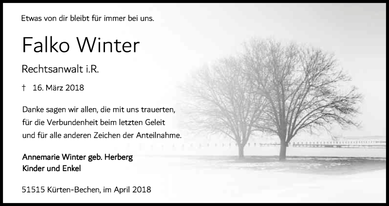  Traueranzeige für Falko Winter vom 14.04.2018 aus Kölner Stadt-Anzeiger / Kölnische Rundschau / Express