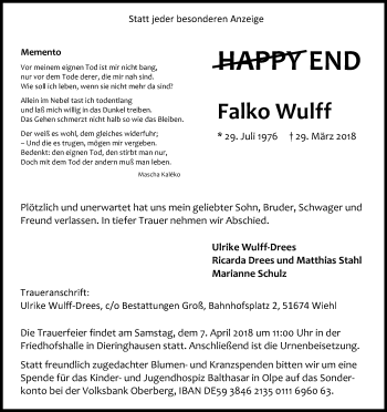 Anzeige von Falko Wulff von Kölner Stadt-Anzeiger / Kölnische Rundschau / Express