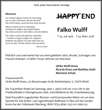 Anzeige von Falko Wulff von  Anzeigen Echo 