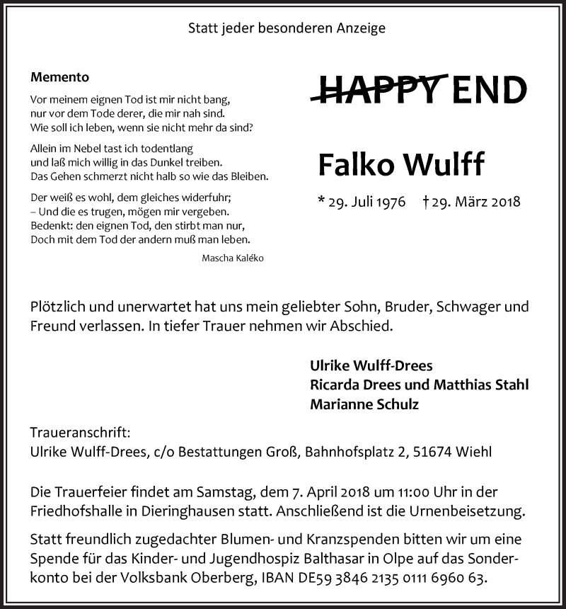  Traueranzeige für Falko Wulff vom 04.04.2018 aus  Anzeigen Echo 