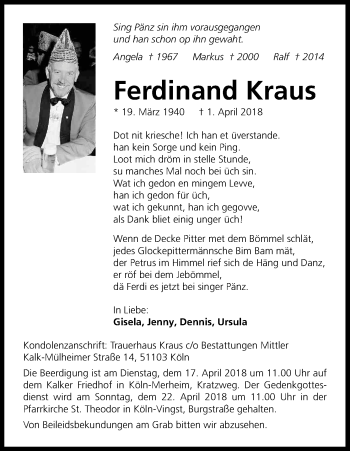 Anzeige von Ferdinand Kraus von Kölner Stadt-Anzeiger / Kölnische Rundschau / Express