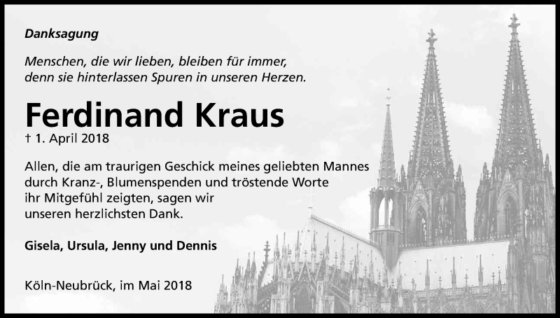  Traueranzeige für Ferdinand Kraus vom 28.04.2018 aus Kölner Stadt-Anzeiger / Kölnische Rundschau / Express