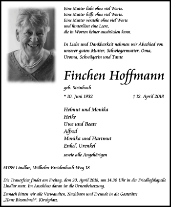 Anzeige von Finchen Hoffmann von Kölner Stadt-Anzeiger / Kölnische Rundschau / Express