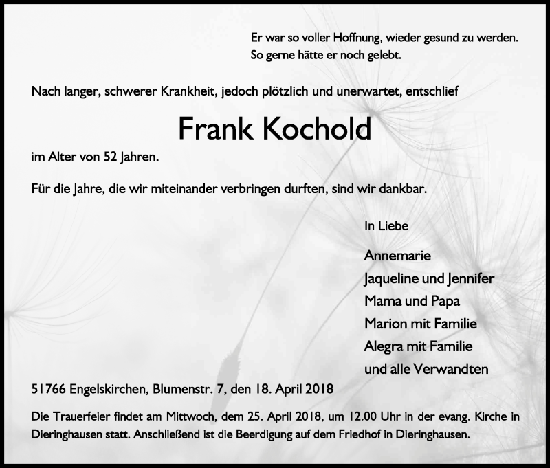  Traueranzeige für Frank Kochold vom 21.04.2018 aus Kölner Stadt-Anzeiger / Kölnische Rundschau / Express