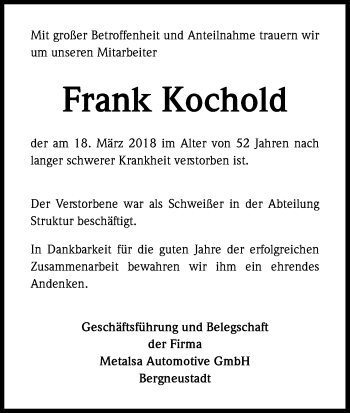Anzeige von Frank Kochold von Kölner Stadt-Anzeiger / Kölnische Rundschau / Express