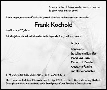 Anzeige von Frank Kochold von Kölner Stadt-Anzeiger / Kölnische Rundschau / Express