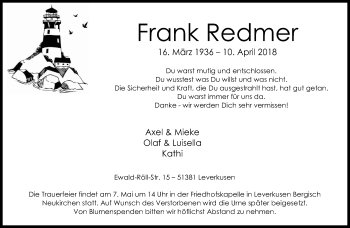 Anzeige von Frank Redmer von Kölner Stadt-Anzeiger / Kölnische Rundschau / Express