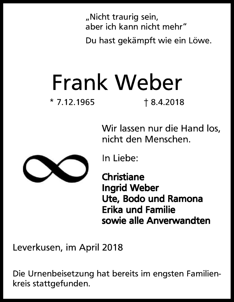  Traueranzeige für Frank Weber vom 28.04.2018 aus Kölner Stadt-Anzeiger / Kölnische Rundschau / Express