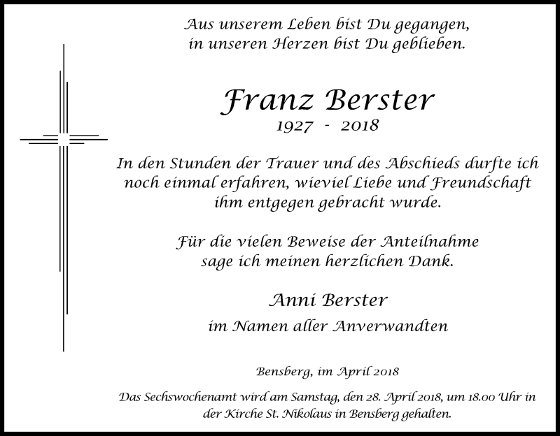 Traueranzeige für Franz Berster vom 21.04.2018 aus Kölner Stadt-Anzeiger / Kölnische Rundschau / Express