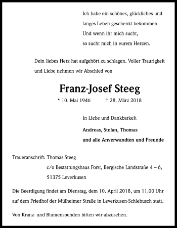 Anzeige von Franz-Josef Steeg von Kölner Stadt-Anzeiger / Kölnische Rundschau / Express