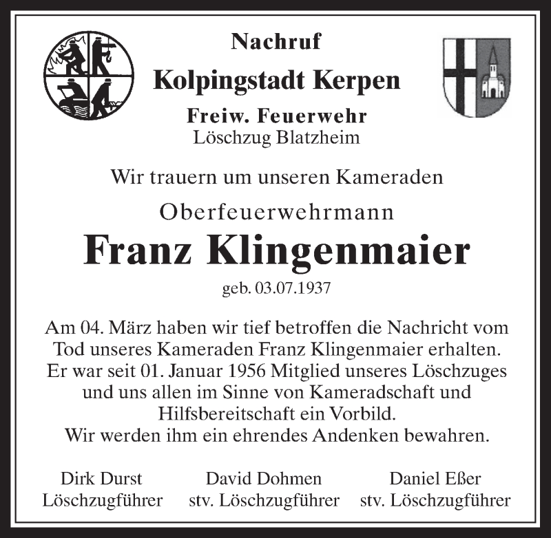  Traueranzeige für Franz Klingenmaier vom 04.04.2018 aus  Werbepost 