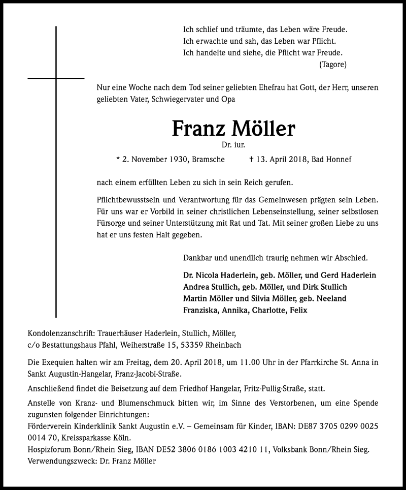  Traueranzeige für Franz Möller vom 18.04.2018 aus Kölner Stadt-Anzeiger / Kölnische Rundschau / Express