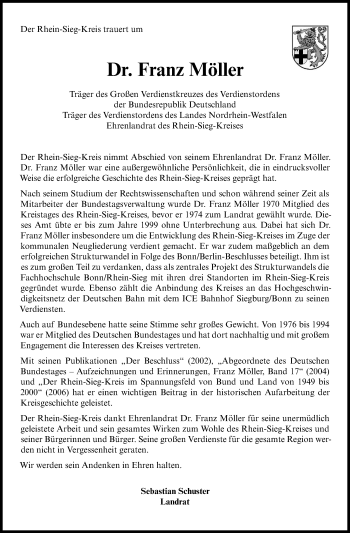 Anzeige von Franz Möller von Kölner Stadt-Anzeiger / Kölnische Rundschau / Express