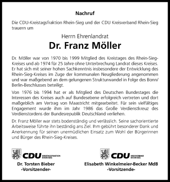 Anzeige von Franz Möller von Kölner Stadt-Anzeiger / Kölnische Rundschau / Express