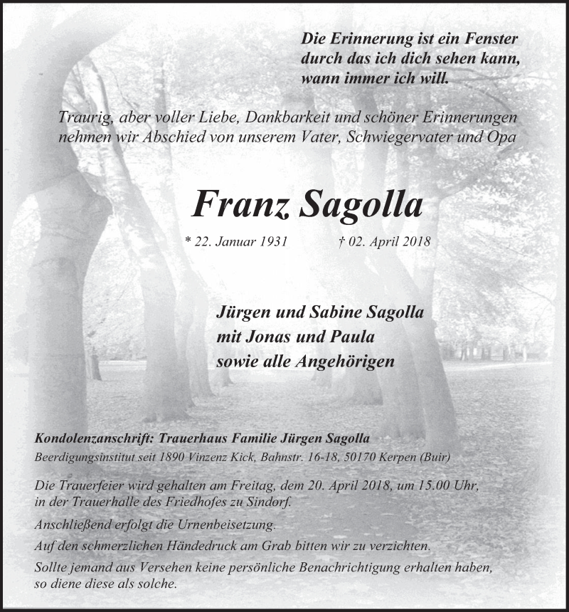  Traueranzeige für Franz Sagolla vom 11.04.2018 aus  Werbepost 