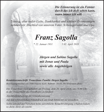 Anzeige von Franz Sagolla von  Werbepost 