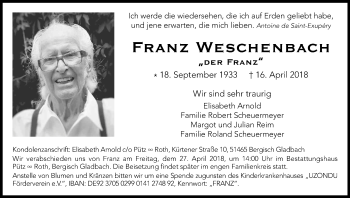 Anzeige von Franz Weschenbach von Kölner Stadt-Anzeiger / Kölnische Rundschau / Express