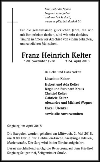 Anzeige von Franz Heinrich Kelter von Kölner Stadt-Anzeiger / Kölnische Rundschau / Express