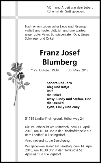 Anzeige von Franz Josef Blumberg von Kölner Stadt-Anzeiger / Kölnische Rundschau / Express