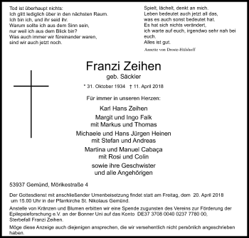 Anzeige von Franzi Ziehen von Kölner Stadt-Anzeiger / Kölnische Rundschau / Express