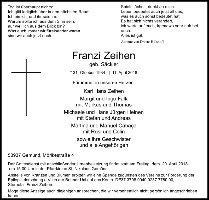  Traueranzeige für Franzi Ziehen vom 17.04.2018 aus Kölner Stadt-Anzeiger / Kölnische Rundschau / Express