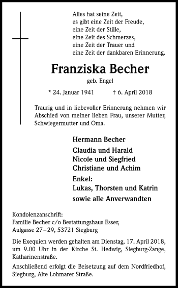Anzeige von Franziska Becher von Kölner Stadt-Anzeiger / Kölnische Rundschau / Express